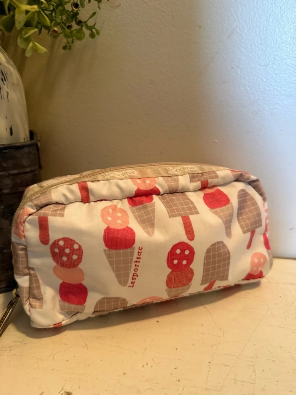 Lesportsac Cream Cosmetic Pouch with Coral & Taupe Ice Cream Print